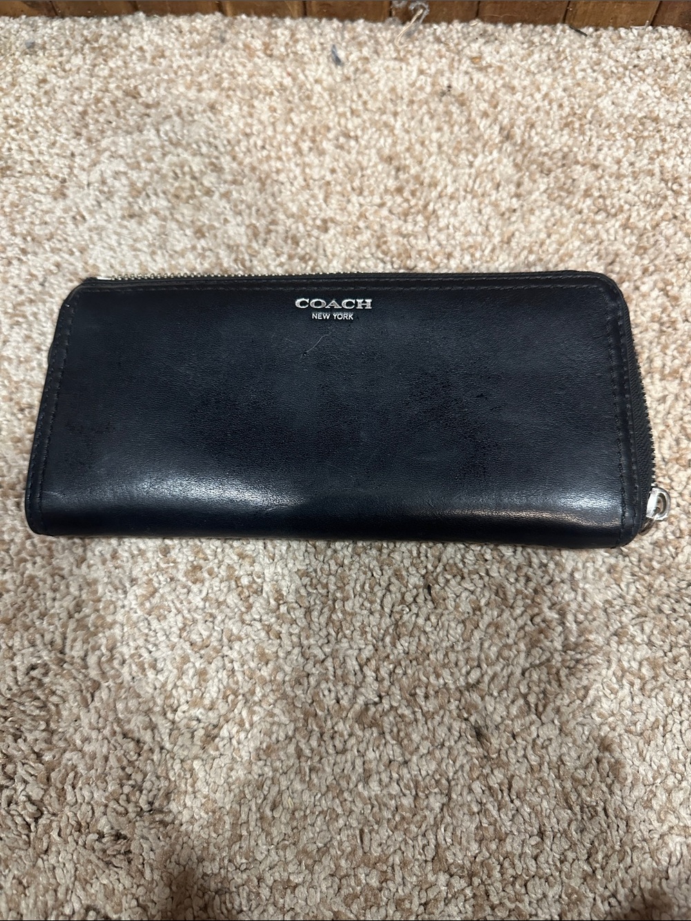 Coach Black Leather Zip Wallet with Silver Accent